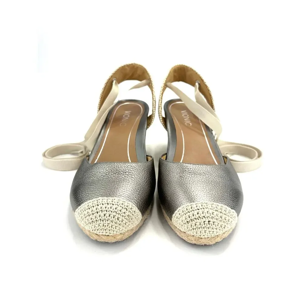 Vionic Maris Wedge Sandal Size 9/41 Gray/Pewter Leather Espadrille Closed Toe